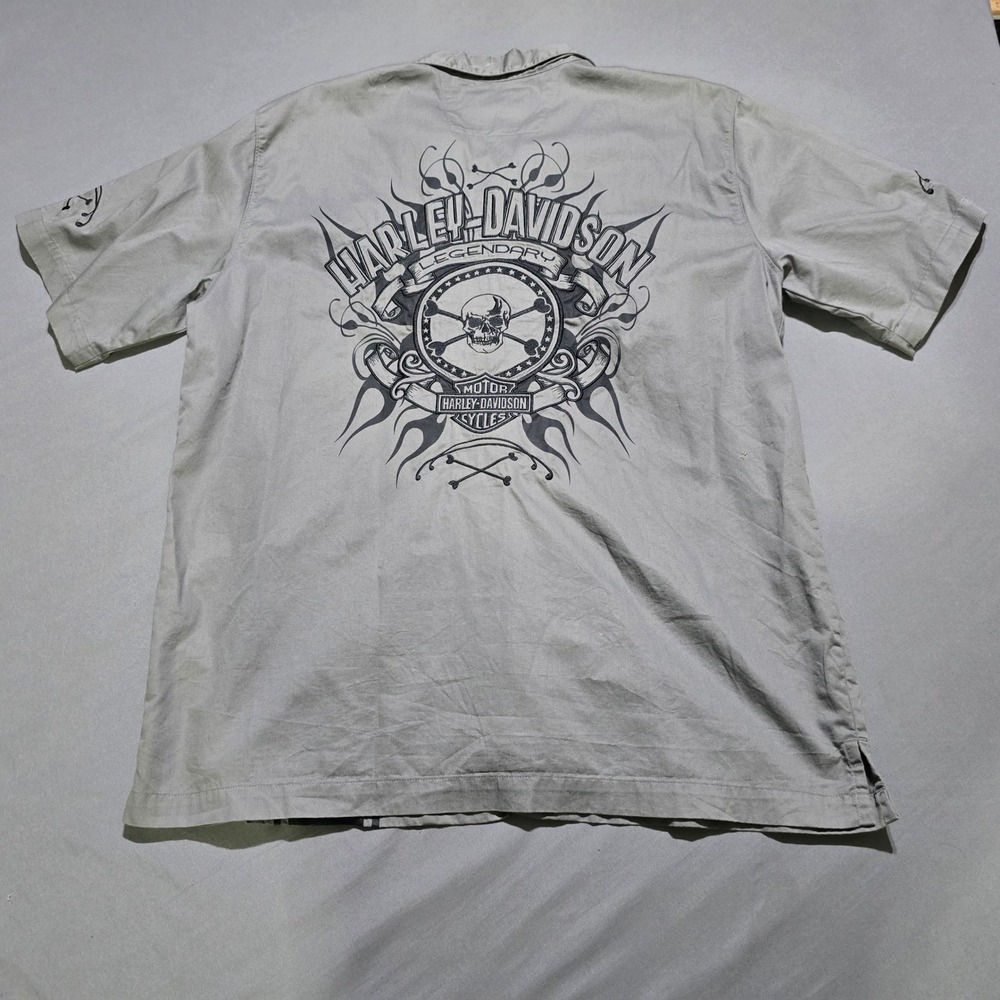 Harley Davidson Button Up Mens Large Grey Skull Graphic Racing‎ Stripe Shirt